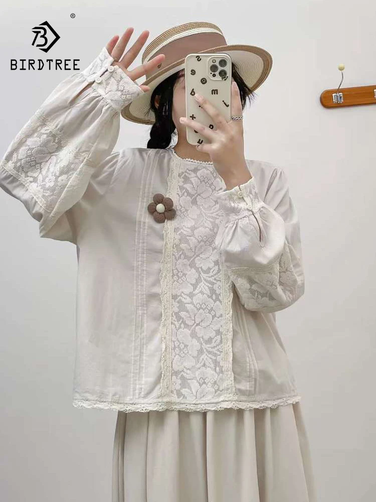 

Новая женская хлопковая блузка с длинным рукавом на весну 2026 года, с вышивкой и кружевом, в стиле Mori Girl, повседневная свободная блузка в стиле OL, T61348CC