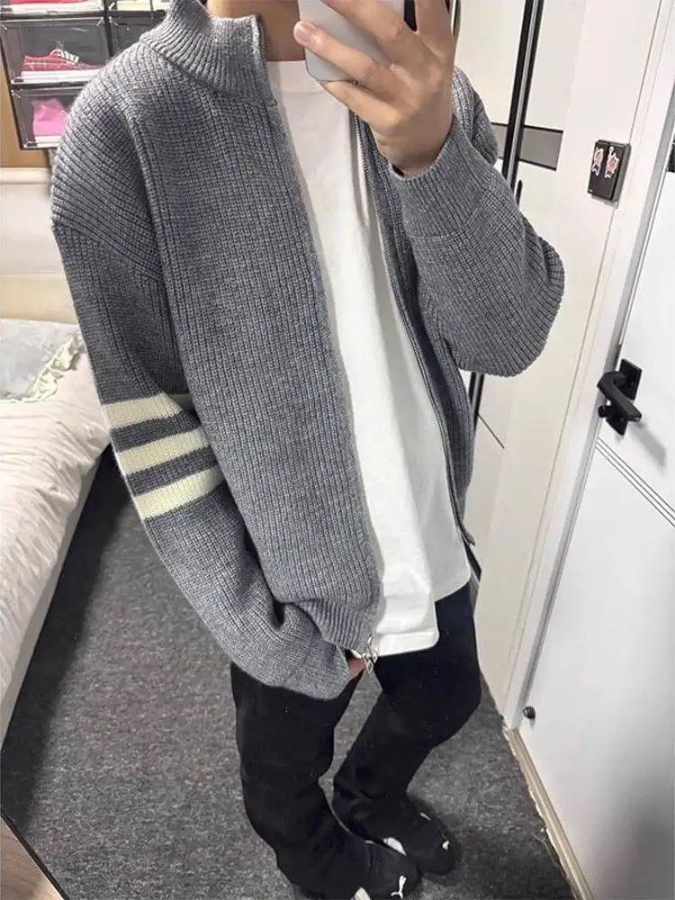 

Мужской повседневный теплый вязаный кардиган с отложным воротником, модный брендовый трикотаж в американском стиле