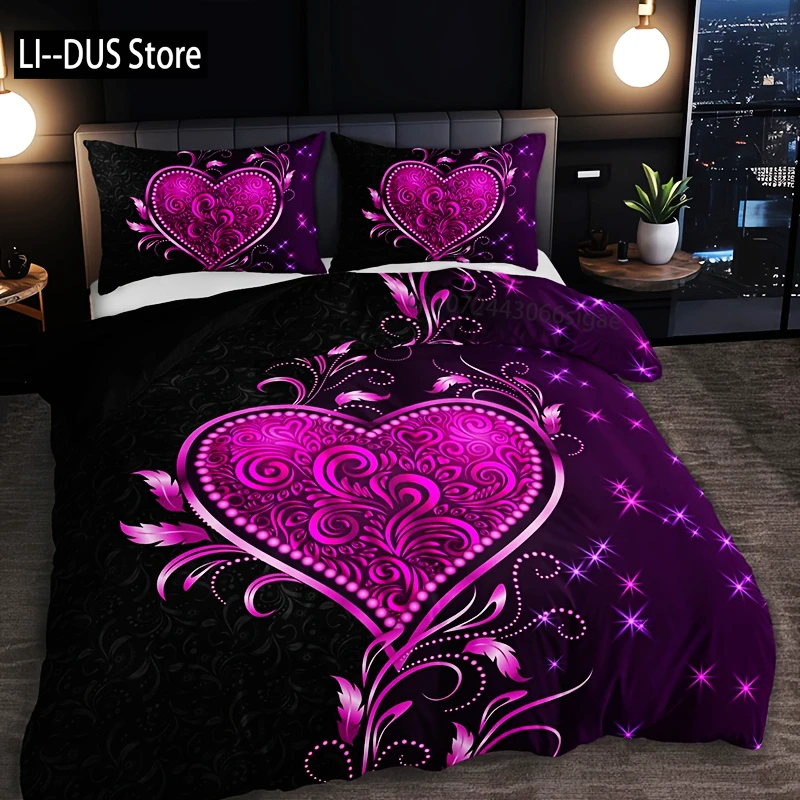 طقم غطاء لحاف مطبوع عليه زهور وردية على شكل قلب أرجواني مكون من 3 قطع - 1 غطاء لحاف 2 كيس وسادة، بوليستر مسامي مثالي لجميع المواسم