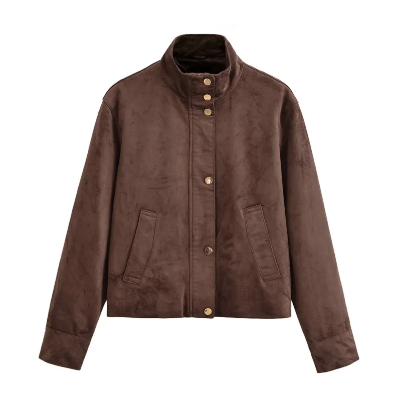 

Women's Faux Suede Jacket Autumn Long Sleeves Pocket Elegant Lady Warm Coat Chic Street Button Tops