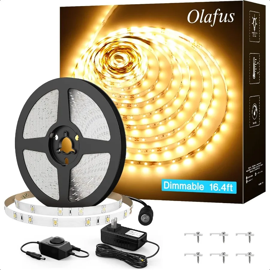 

16.4ft LED Strip Lights Warm White Dimmable LED Rope Light Kit 12V Flexible Under Cabinet Lighting Strips 5m 300 LEDs 2835 3000