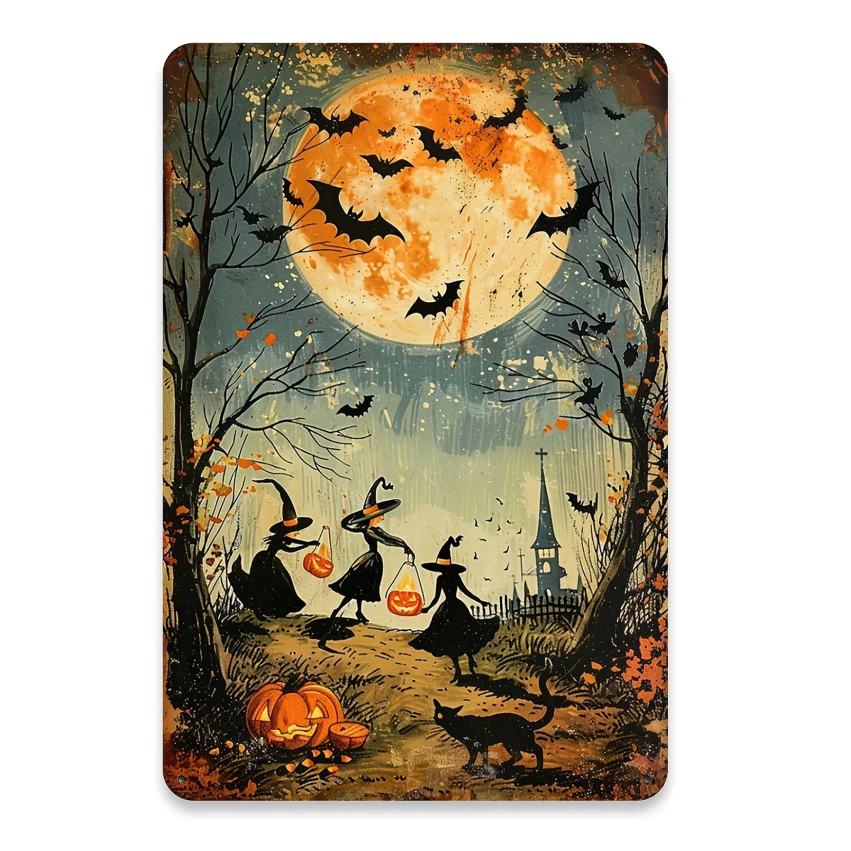 Pack of 1 Halloween  Witch Metal Tin Sign,  , Iron Wall Art, Retro Witches and Bats Foil Engraving Decor, for Gym, Cafe, Garage,