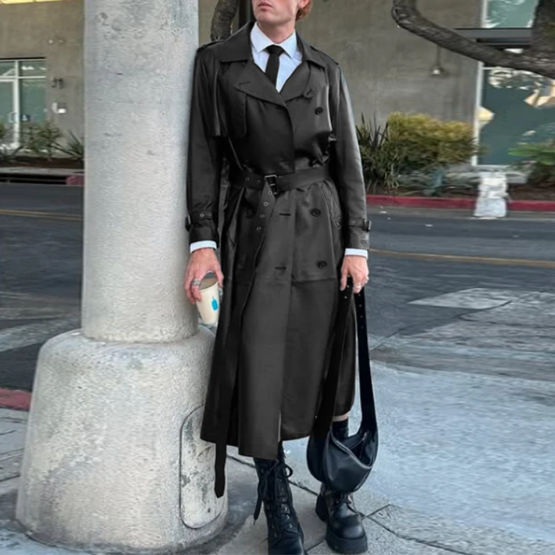 

INCERUN мужские пальто однотонные из искусственной кожи с лацканами и длинным рукавом повседневные длинные стильные Тренчи мужские уличные модные ветровки в стиле панк мужские