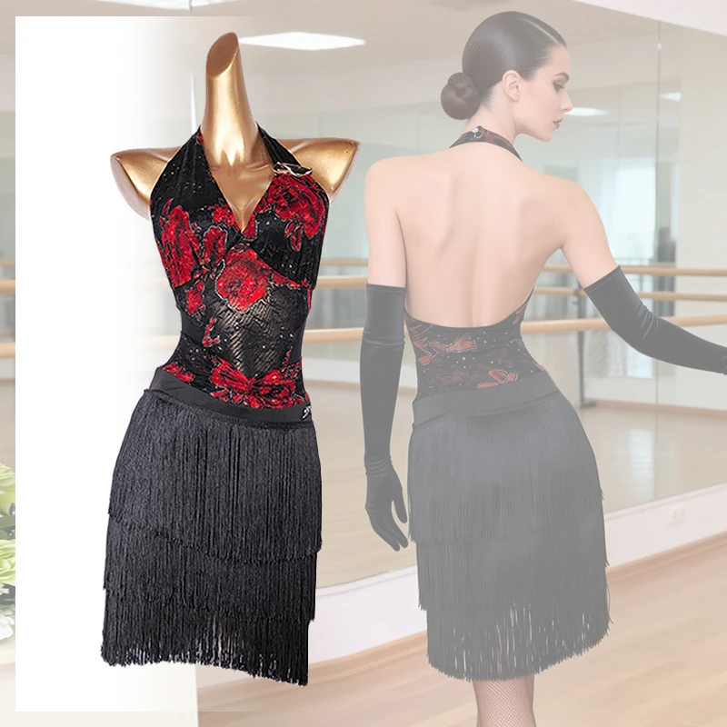 2026 Latin Dance Clothes Women Halter Bodysuit Black Fringe Skirt Adult Cha Cha Samba Dancing Outfit Latin Performance Wear 5153