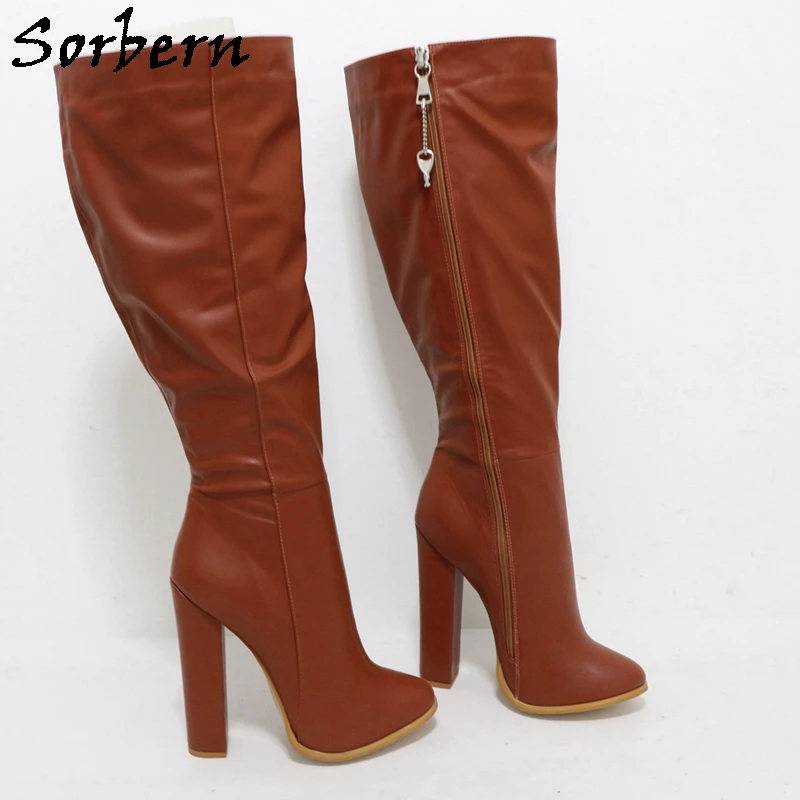 Sorbern Custom Brown Knee High Boots Women Unisex Style Cute Round Toe Block High Heel 14Cm Lockable Zipper Big Size Eu33-48