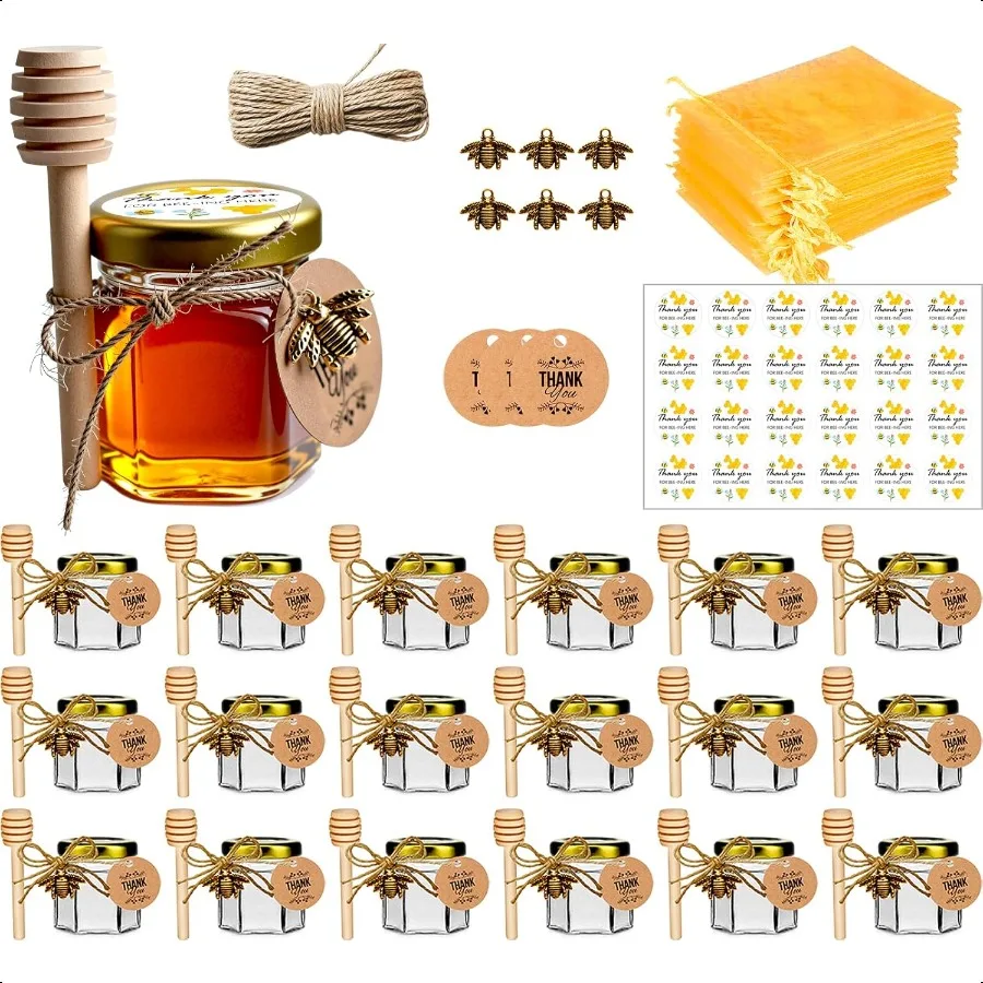 

Honey Pot Glass Honey Jar 1.5oz Mini Honey Jars with Dipper Bee Charm Gift Bags and Stickers for Baby Shower Favors 20 Pack