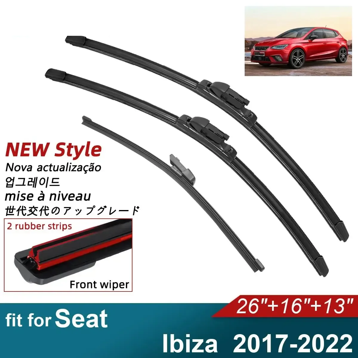 

Double Rubber Car Wiper Blades for 2017-2022 Seat Ibiza Front Rear Windscreen Wipers Car Accessories 2018 2019 2020 2021 2022