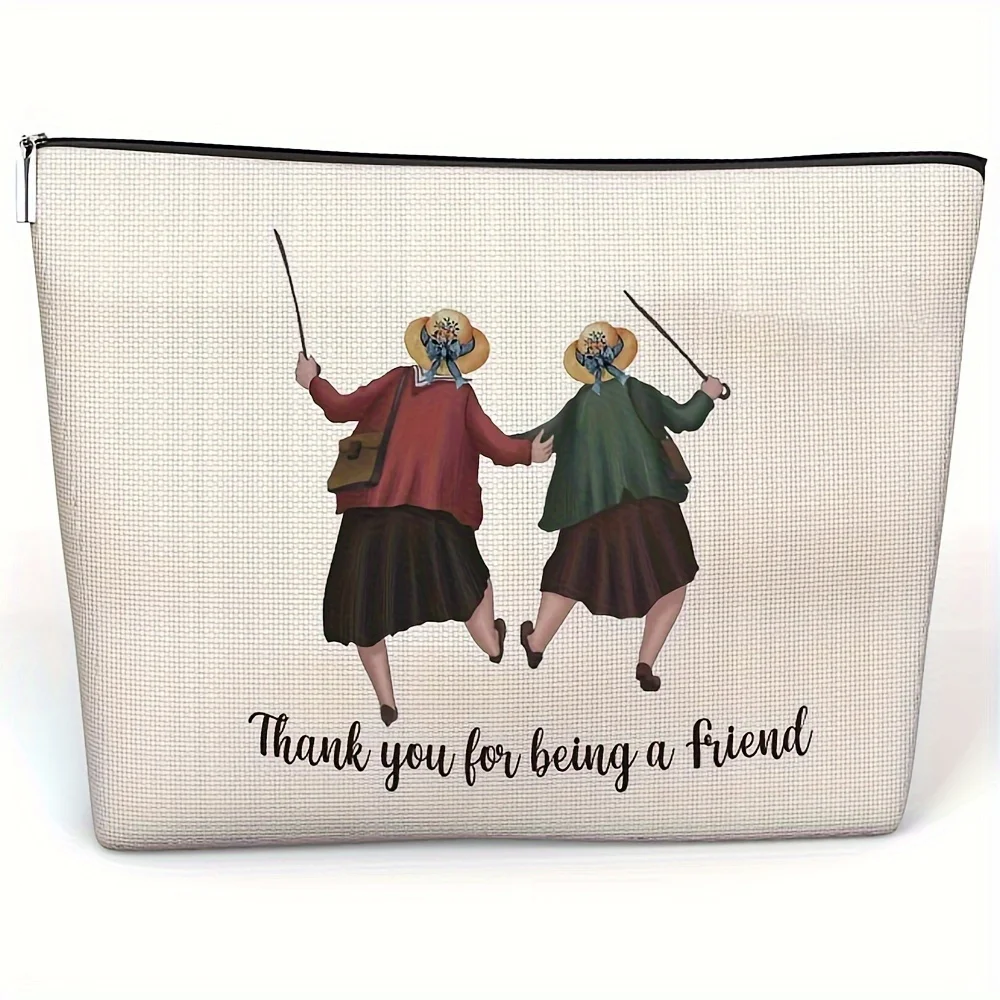 A Foldable canvas makeup bag with the design 'Thank You for Being a Friend' - a lightweight travel bag with a zipper closure
