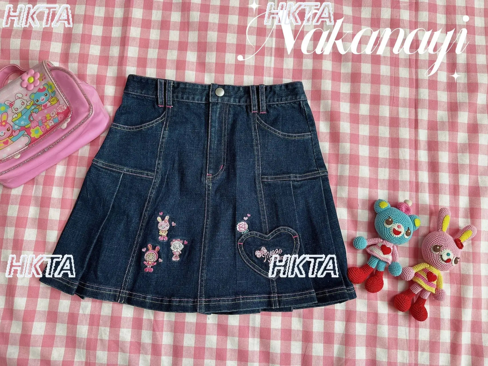 Japanese Lolita Cute Cartoon Letters Embroidery Thin Pleated A Line Mini Skirts Summer New Sweet Subculture Denim Skirt Women