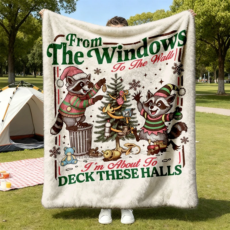 Retro Deck These Halls Flannel Blanket, Raccoon Christmas Throw, Womens Holiday Party Gift