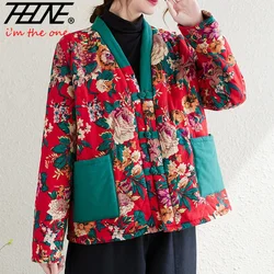 Autumn Winter Women Coat Parkas Cotton Padded Short Jacket Cardigan Thicken Patchwork Chinese Style Disc Buckle Flower Outerwear
