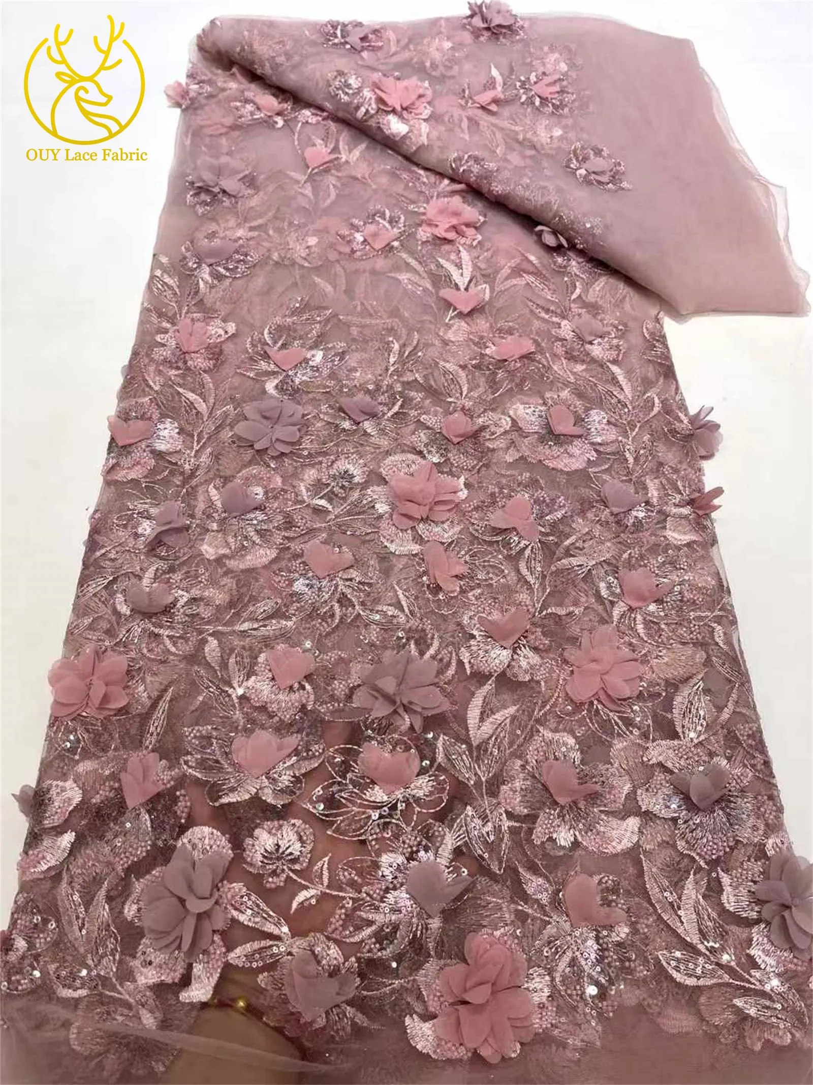 Latest African Beaded Sequins Lace Fabric Fashion Nigeria France 3D Applique Embroidery Mesh Tulle Lace For Wedding Dress Party