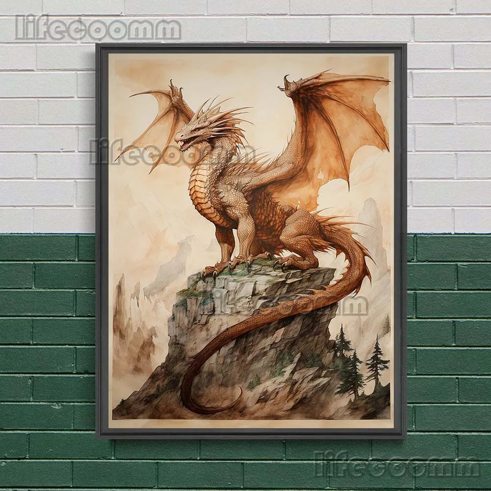 Magic Dragon Vintage Wall Art Canvas Painting Epic Fantasy Demon Dragon Art Poster And Print For Living Room Decoration Unframed