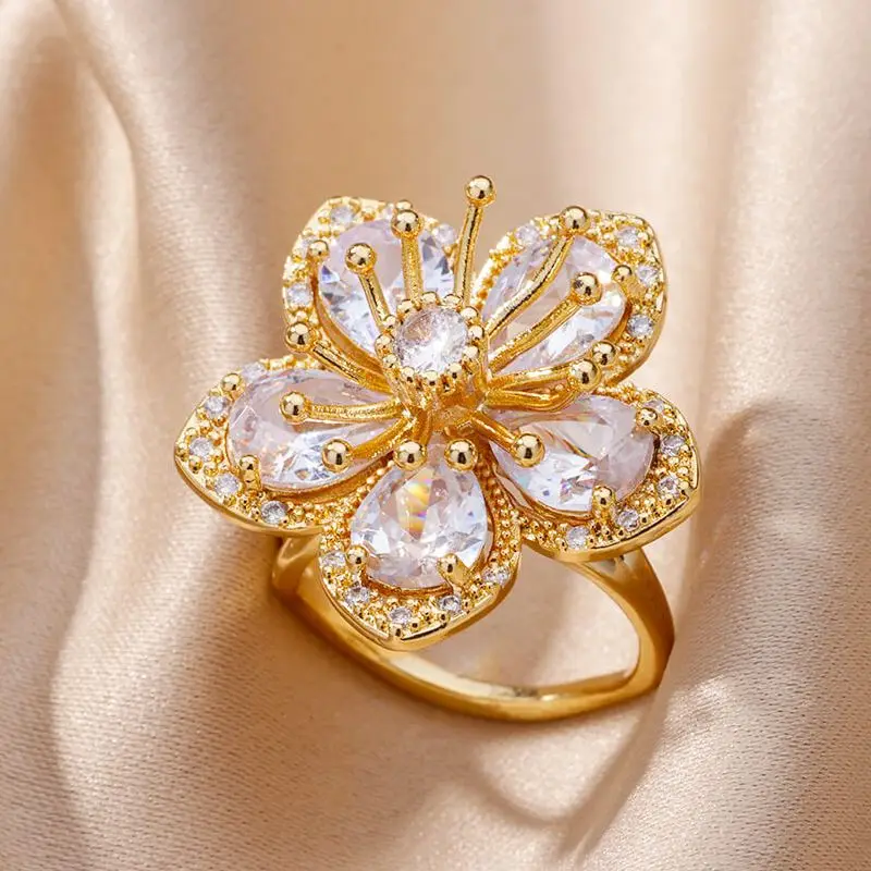 Delicate Zircon Flower Rings for Women Stainless Steel Ring 2024 New Trend Elegant Luxury Aesthetic Jewelry anillos