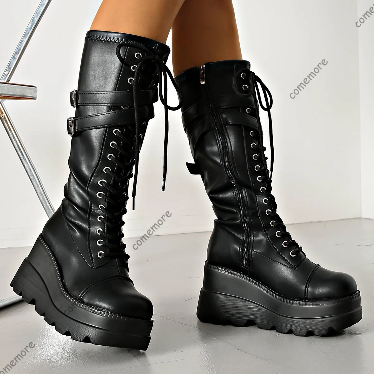 Comemore Black Platform Boots for Women Wedges High Heel Knee High Lace Up Fashion Gothic Style Leather Fashion Motorcycle Botas