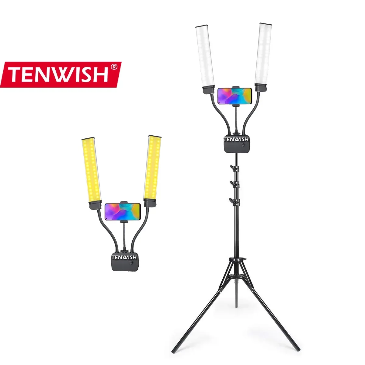 Flexible Double Arms Wide Angle Fill Light 3200-5600K Dimmable LED with Phone Holder for Youtuber Vlog Makeup Tiktok Live Stream