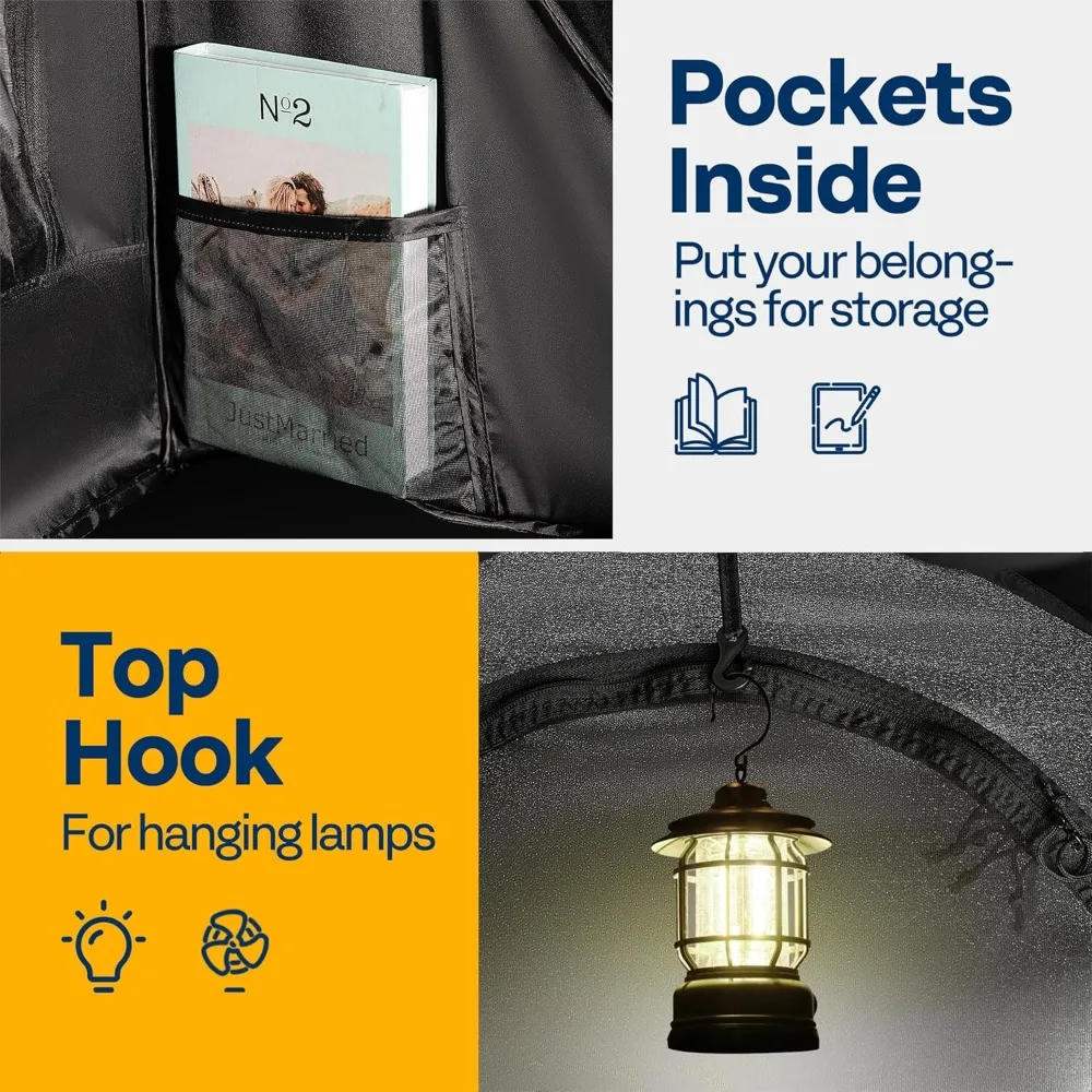 VIVOHOME ポップアップベッドテント ツインサイズ、プライバシーベッドキャノピー（4ドア、蚊帳付き）、通気性のあるオールブラックスリーピングテント（子供用）