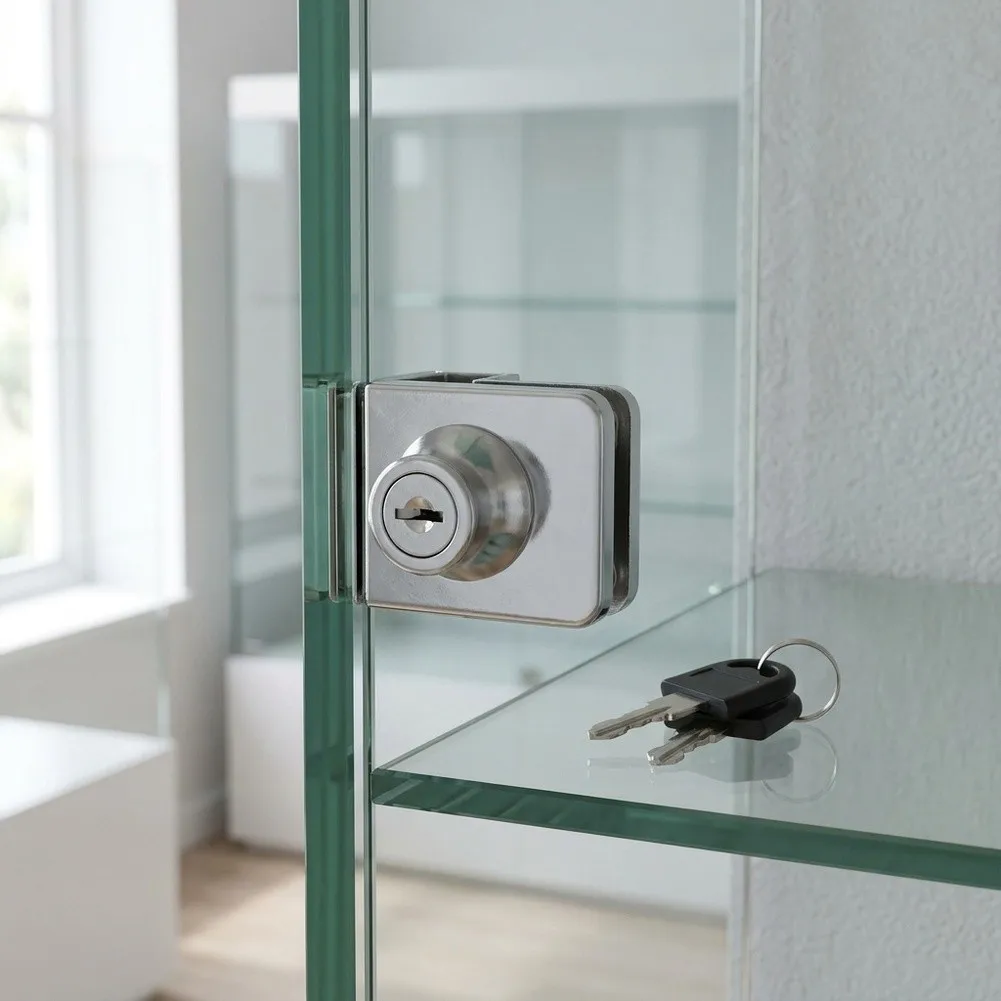 Secure No-Drill Glass Door Lock for Cabinets and Glass Showcases Cold Rolled Steel Silver Finish 4pcs or 8pcs Set