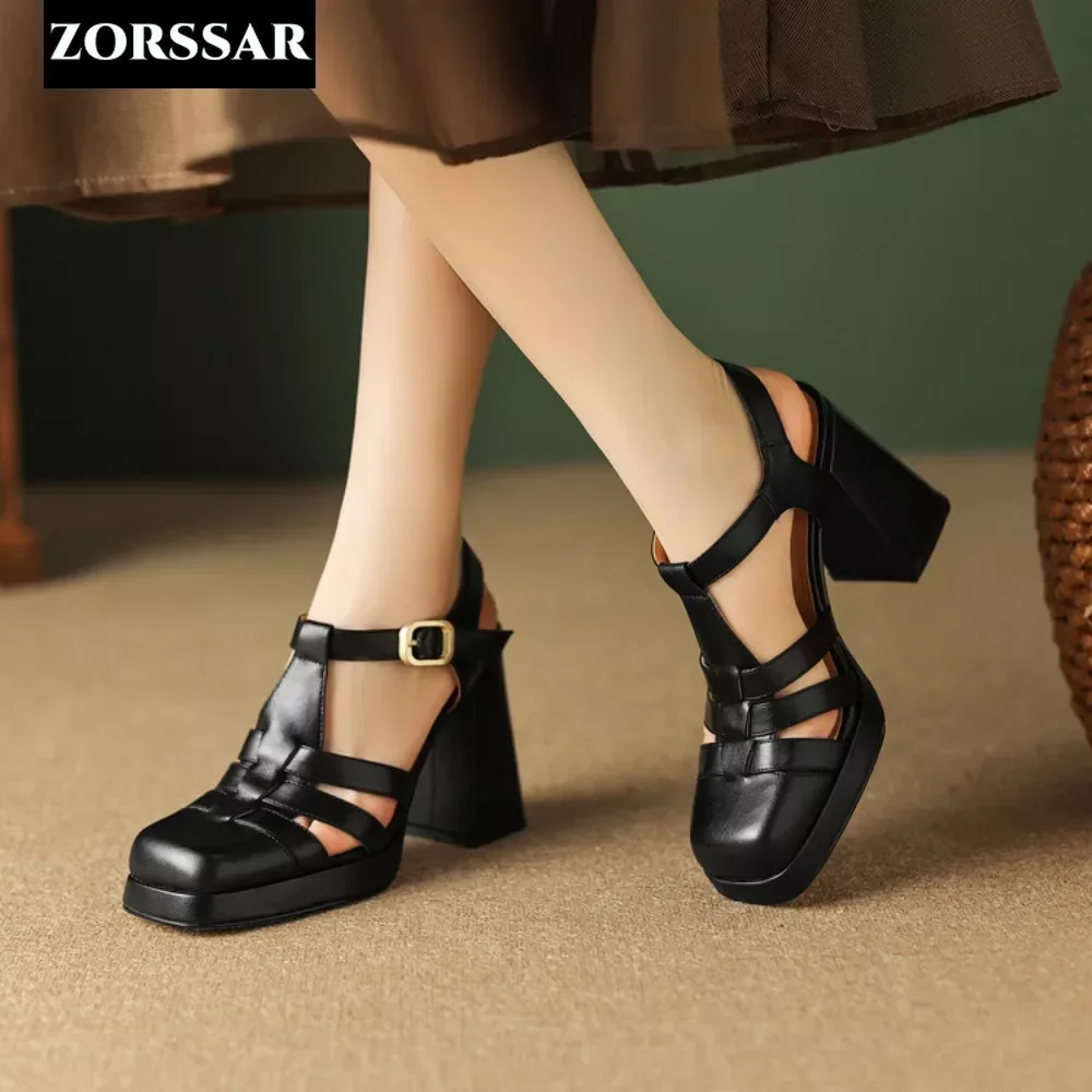 

2024 New Summer Women's Dress Shoes Square Toe Sandals Buckle Slingbacks High Heels Pumps Real Leather Slip on Zapatos Mujer