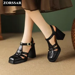 2024 New Summer Women's Dress Shoes Square Toe Sandals Buckle Slingbacks High Heels Pumps Real Leather Slip on Zapatos Mujer