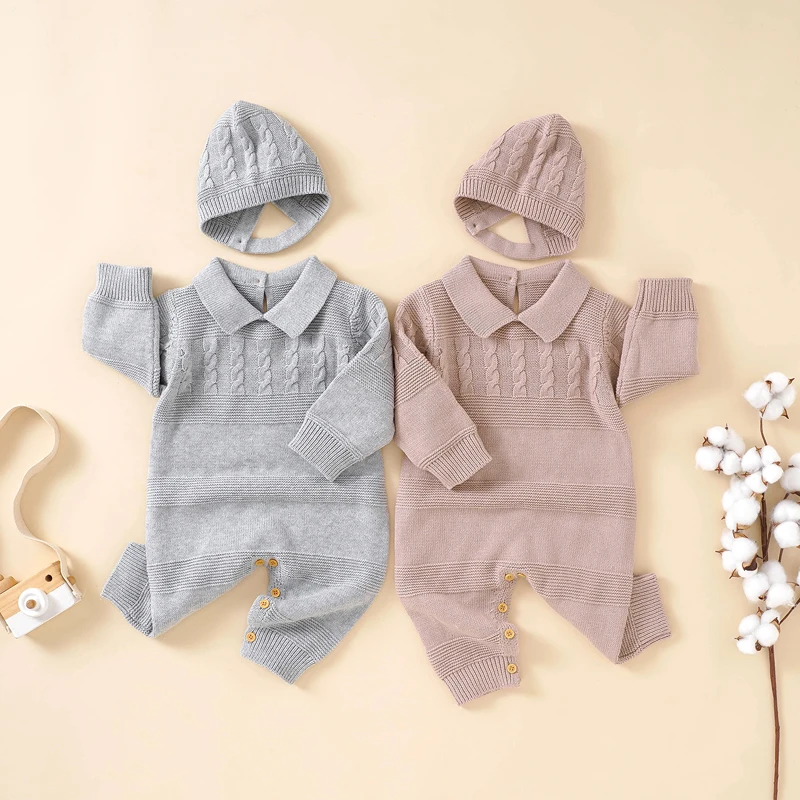 Cotton Baby Rompers Knit Newborn Girl Boy Jumpsuit Outfits Long Sleeve Autumn Infant Kid Clothing Hat 2PC Onesies 0-18M Playsuit