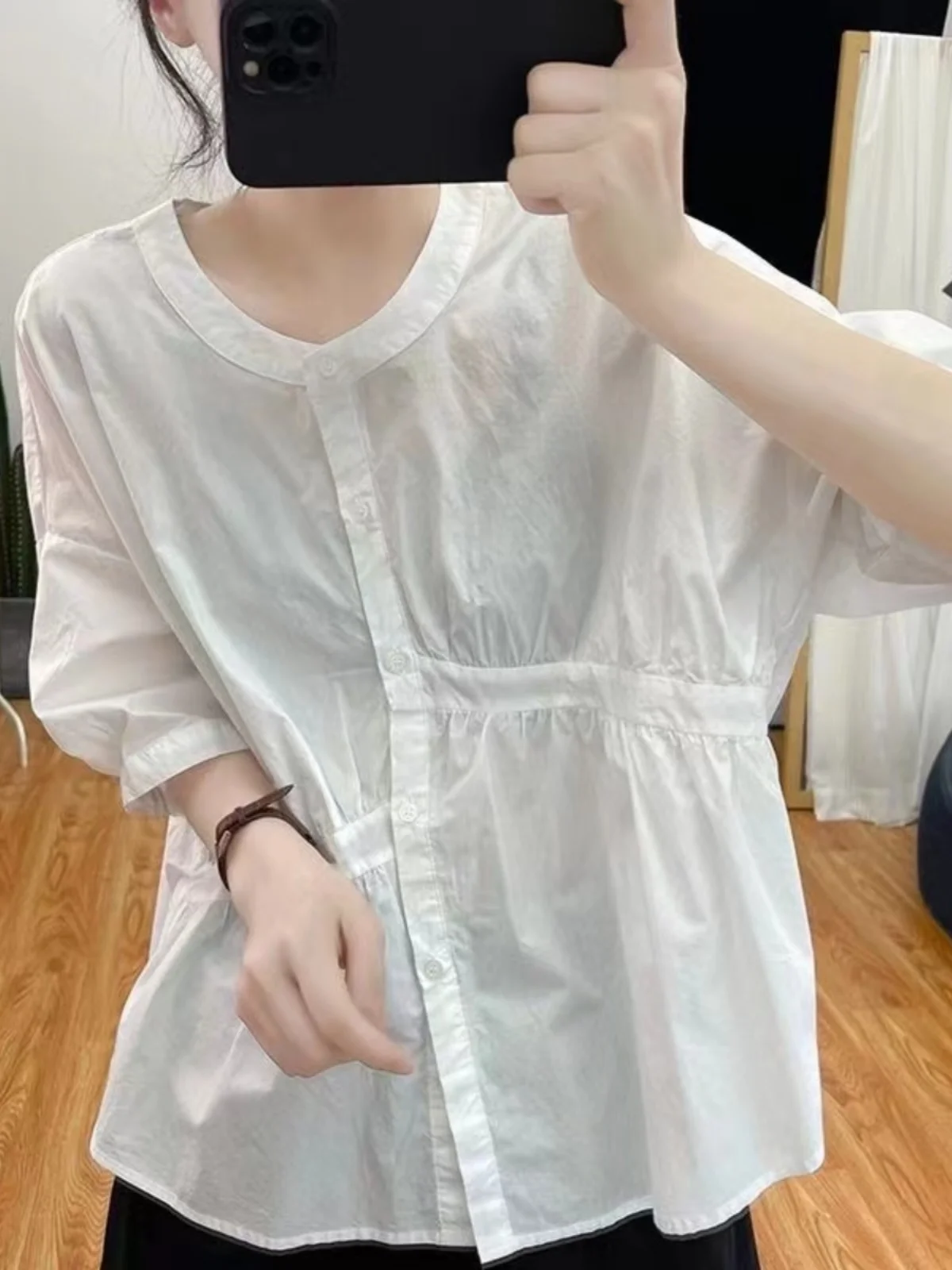 

Chic ort Sve irt Women's Summer Thin Design Doll Top Casual Loose Fit round Ne Button down Pure Color Faionable