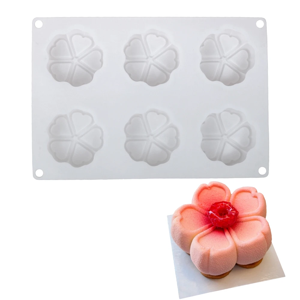 6 Cavity Flower Fruit Mousse Cake Silicone Mold Cherry Blossom Chocolate Dessert Mold Petal shaped French Pastry Baking Mold