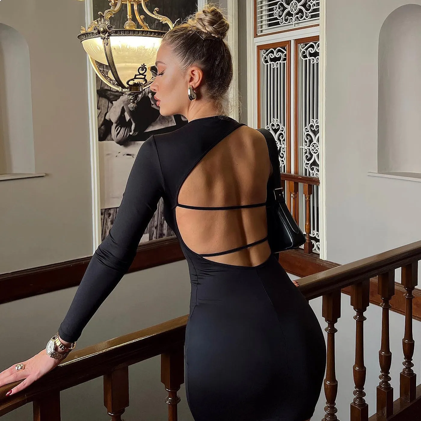 Bodycon Dress Backless Ruched Pencil Dresses Plain Round Neck Slim Fit Clubwear Jumpsuit Playsuit