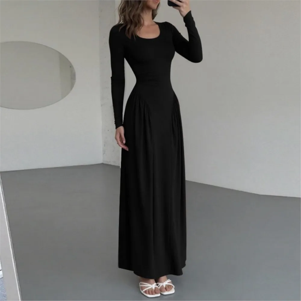 

Элегантное тонкое вечернее платье, однотонное, осенне-зимнее, темпераментное, тонкое платье с высокой талией и длинными рукавами, U-образным вырезом, женская одежда