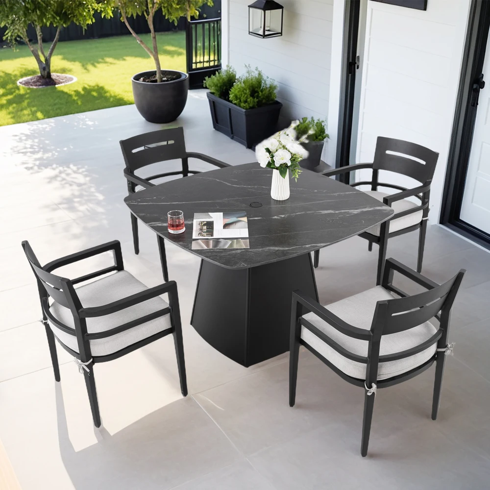 

5-Piece Outdoor Pedestal Dining Set:44" Rounded Square Sintered Stone Table,4 Armchairs,Sunbrella Cushions,Rust-Free Aluminum,We