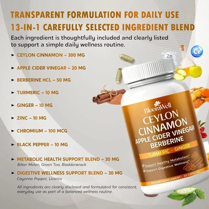 Ceylon Cinnamon  Apple Cider Vinegar, Berberine Hydrochloride, Turmeric, Ginger, Metabolic and Digestive Health Support
