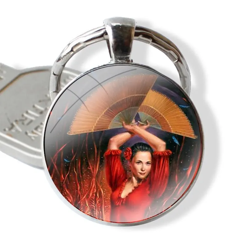 Keychain Handmade Glass Cabochon Key Ring Holder Pendant Key Chains Red The Spanish Dancer Flamenco Art