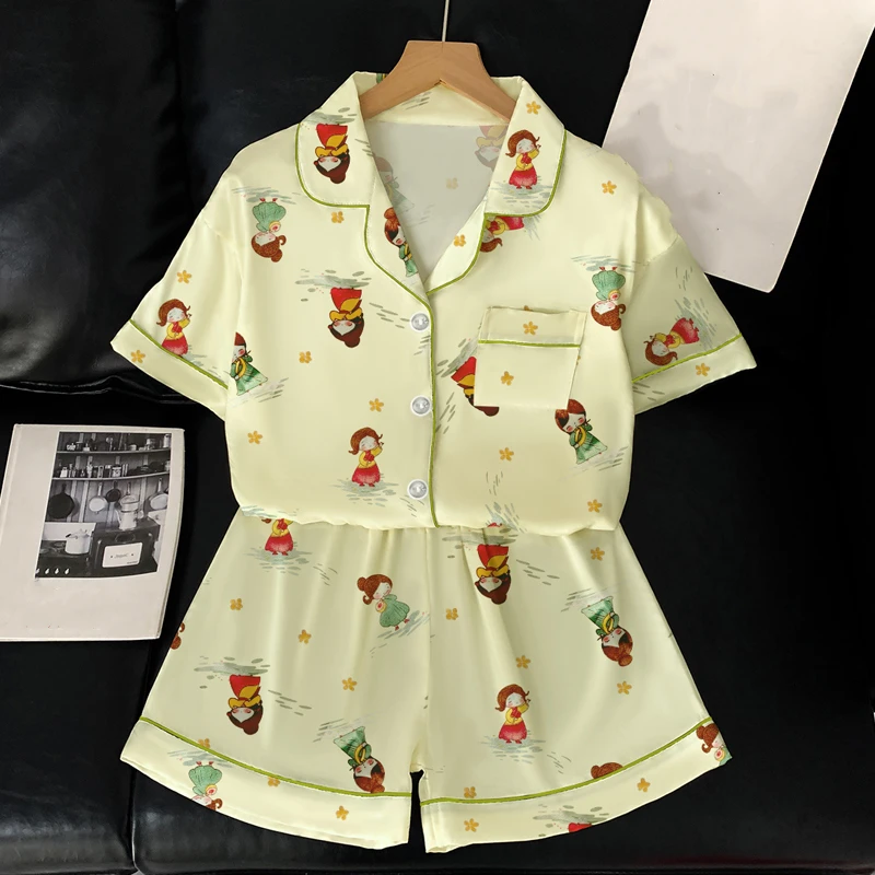 

Sweet Cute Print Summer New 2025 Women's Pajamas Vintage Short Trendy Cool Pajamas Set for Women Simple Kawaii Fashion Home Wear