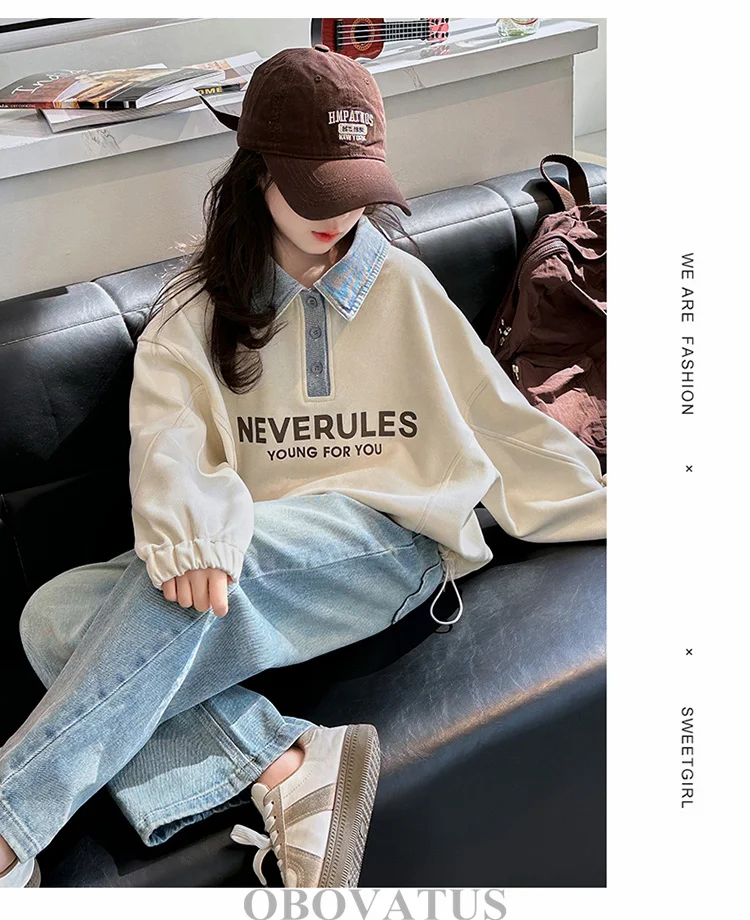 Koreanische Kinder-Langarm-Poloshirts für Mädchen Neue Mode Streetwear Kinder-Sweatshirt mit Denim-Kragen für Teenager im Alter von 5-14 Jahren – Detail 2
