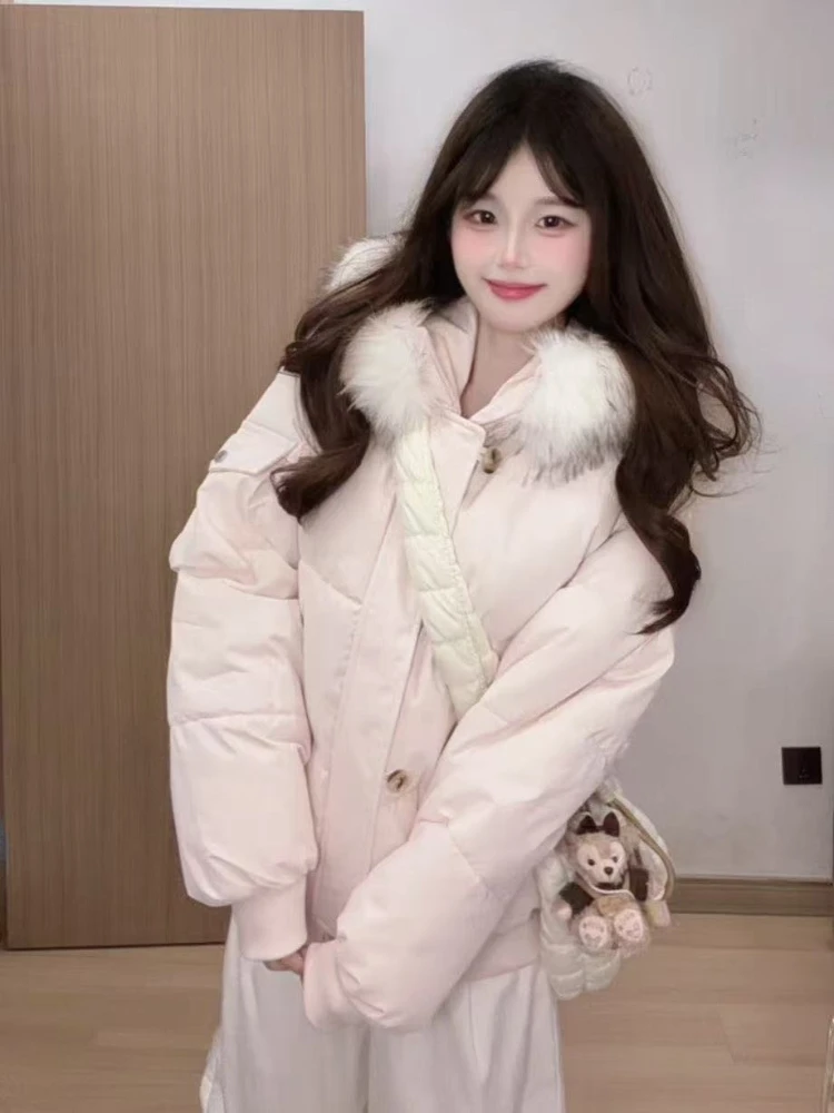 2026 Women Faux Fur Collar Winter Parka Warm Cotton Padded Jacket Korean Fashion Y2K Vintage Casual Streetwear Outerwear Coat