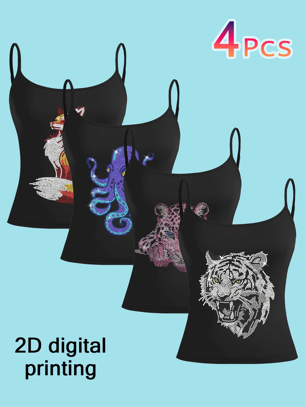 Women's 4-Piece Set of Printed Camisoles with Rhinestone Nine-Tailed Fox, Blue-Purple Imitation Diamond Octopus, Pink Diamond Leopard Head, and White Diamond Tiger Head Designs, Slim-Fit Sleeveless Tops for Outerwear or Layering