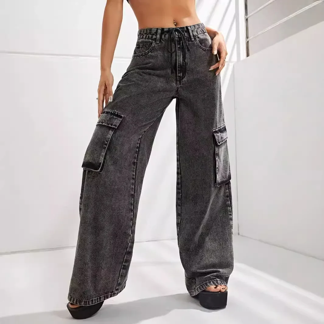 

Jeans Women Vintage Cargo Pants Denim Pockets High Waist Zipper Fly Button 2024 Autumn Denims Streetwear Floor Length Trousers