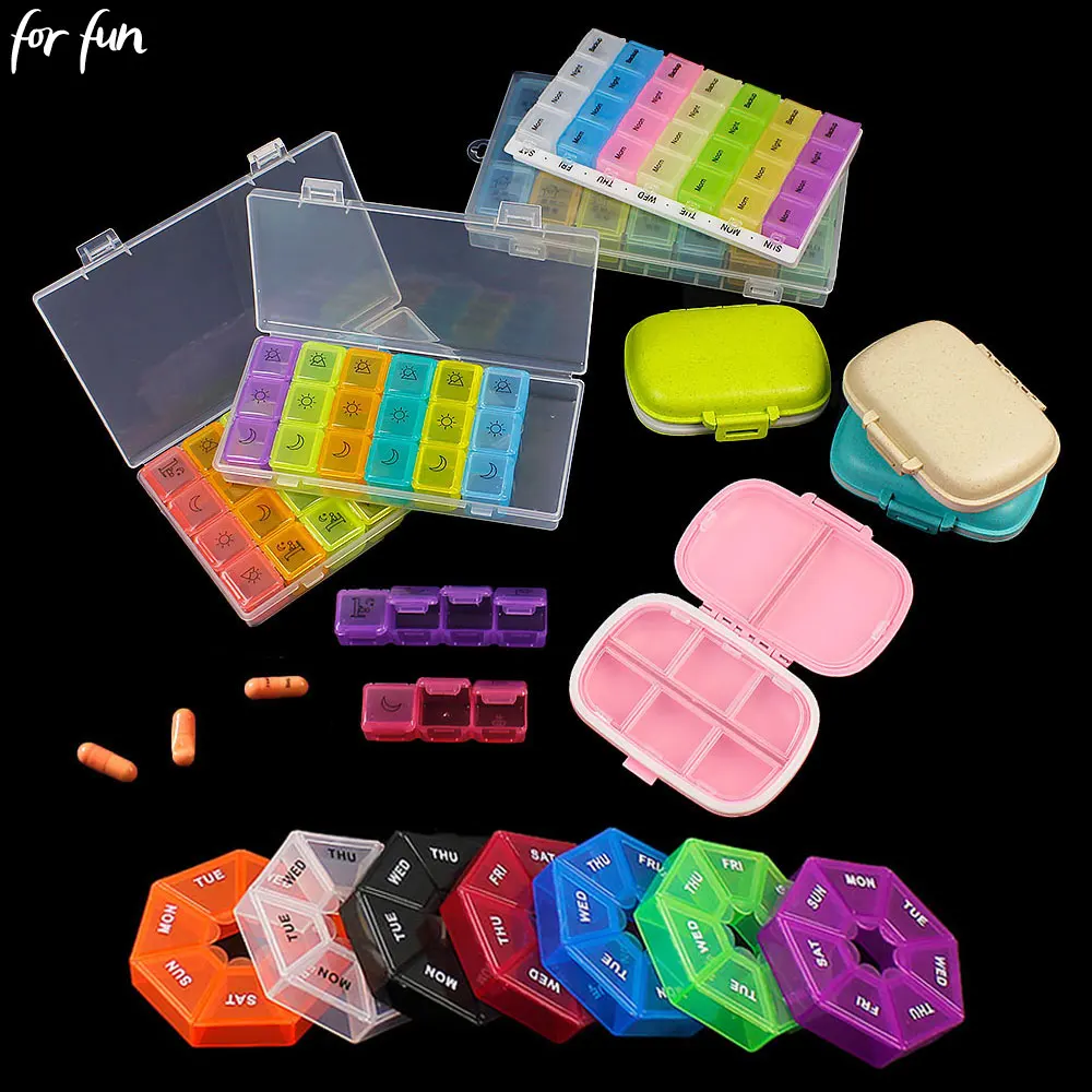 For Fun Portable 7 Days Medicine Pill Box 28/21/8/7 Grids Weekly Pills Storage Box Container Plastic Travel Sealed Packaging Box