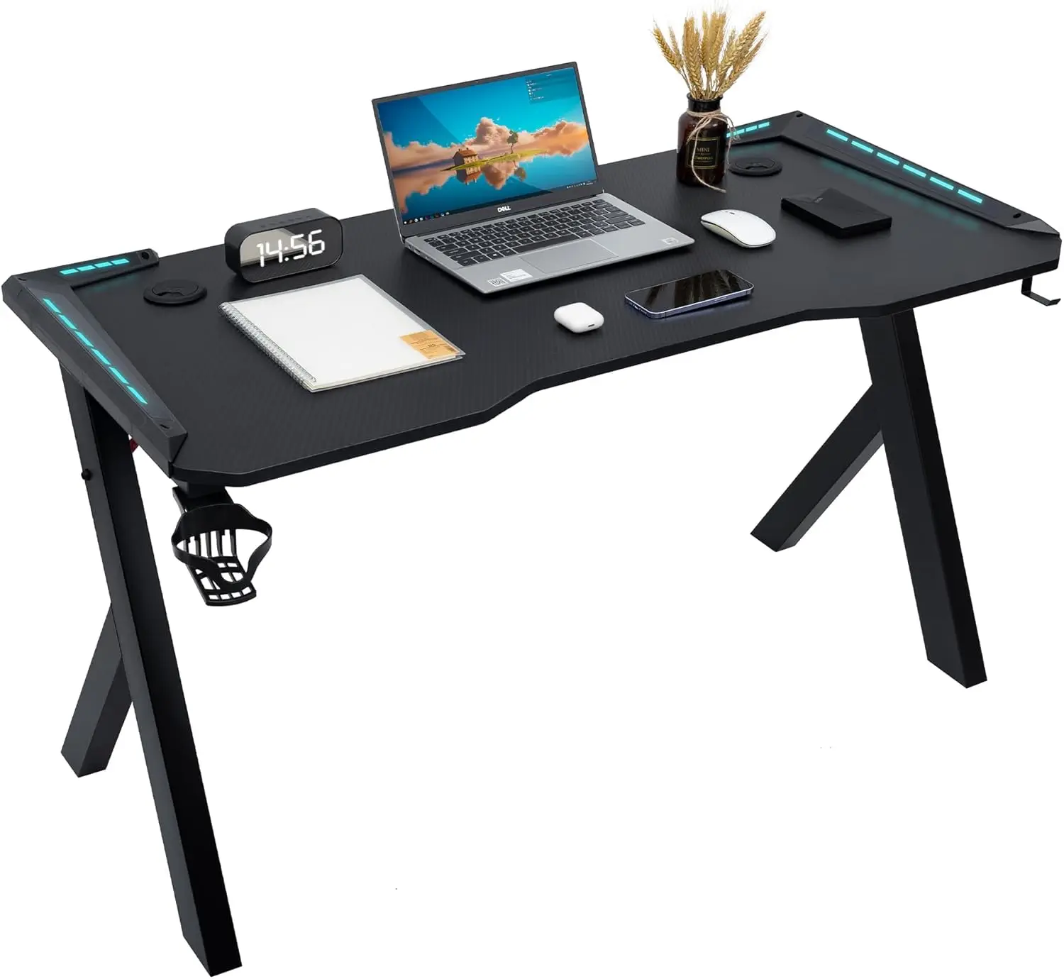 

47 in Gaming Desk with LED Lights, Gaming Table with Carbon Fibre Surface, Sturdy R Shaped PC Workstation Desk for Gaming and