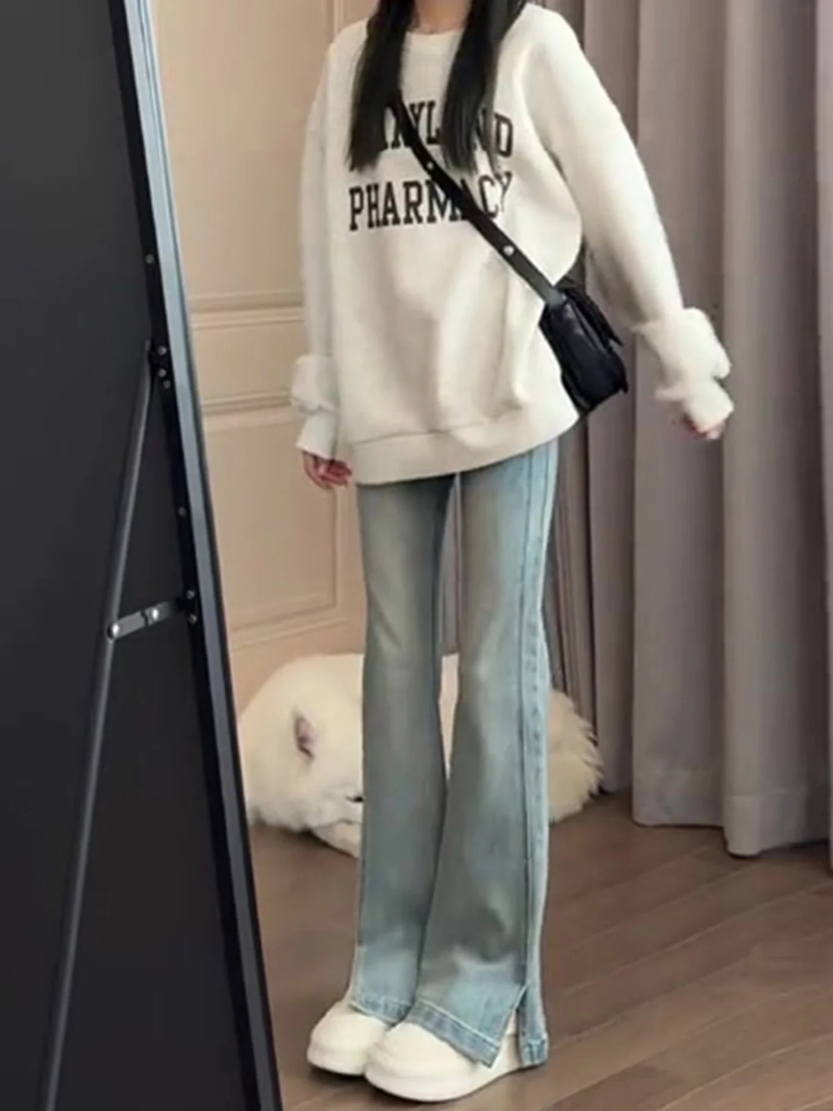 

Джинсы-клеш с высокой талией для женщин, весна-осень, новые, маленькие размеры, с разрезами, большие размеры, утягивающие, брюки-клеш