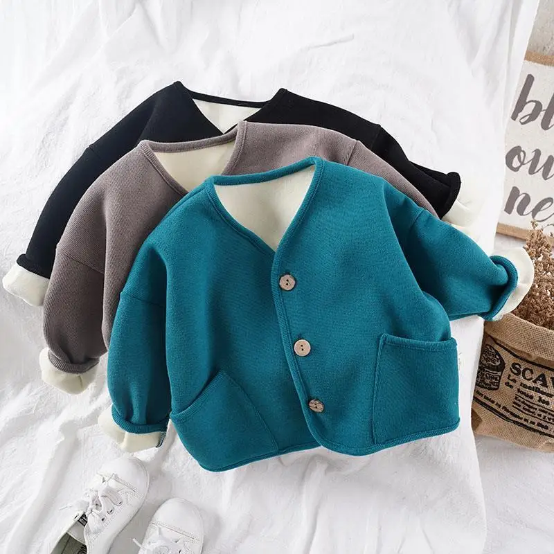 

Children's Loose Long Sleeve Cardigan Top Autumn and Winter Fleece-Lined Thickened Boys and Girls Funky Casual Jacket