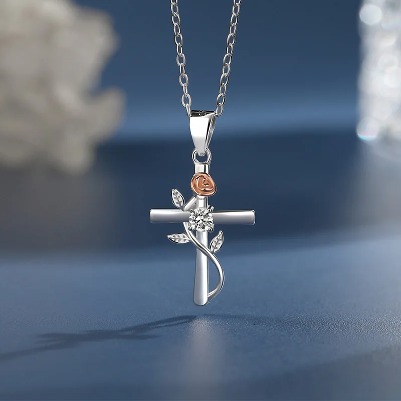 Blooming Rose Cross 925 sterling silver pendant necklace, romantic and elegant French style, a jewelry gift for loved ones.