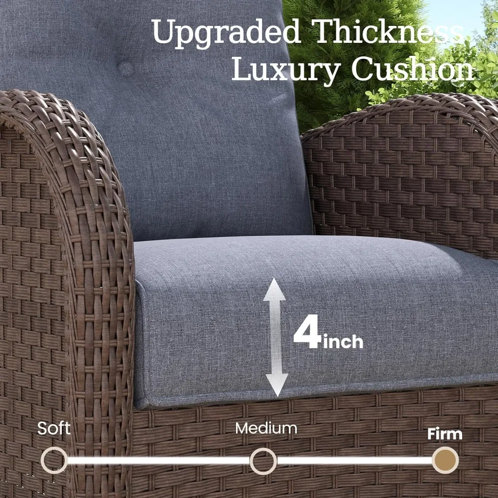 طقم أثاث فناء من الخيزران مكون من 6 قطع، مجموعة محادثة خارجية فاخرة مع كراسي هزازة دوارة عالية الظهر