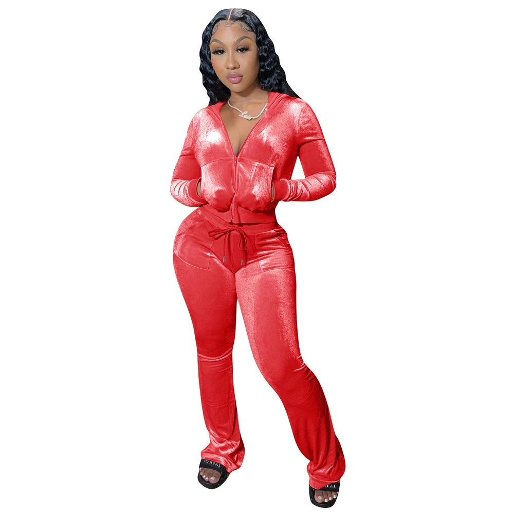 JENYAGE Damen Y2K Einfarbiger Velours Zweiteiler Trainingsanzug mit Reißverschluss-Kapuzenjacke und ausgestellter Hose mit Kordelzug, lässiger Jogginganzug – Detail 5