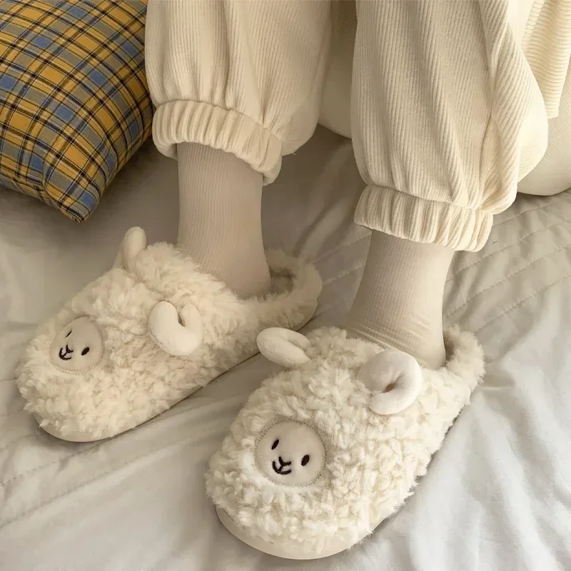 2024 Cotton Slippers Lovers Cute Cartoon Girl Heart Sheep Drag Winter Indoor Home Soft Bottom Plush Cotton Drag