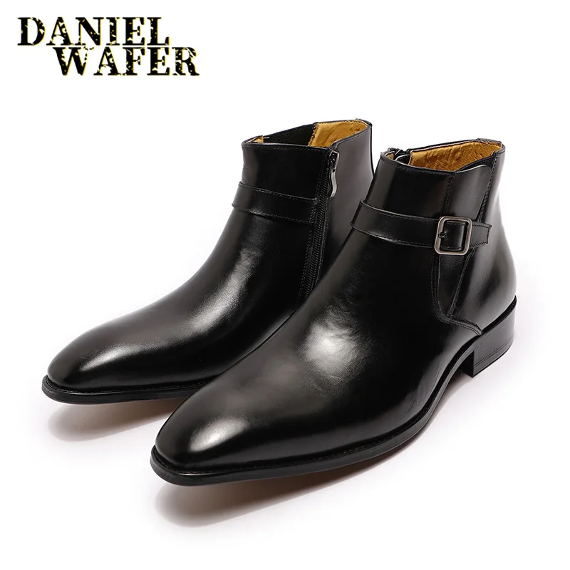 Botas de couro de alto grau masculino, preto, azul, zíper, fivela, bota de chelsea, escritório, casamento, vestido, sapatos de luxo