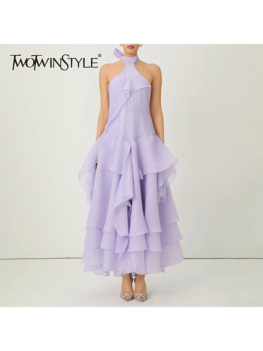 

Платье TWOTWINSTYLE: элегантное, однотонное, с вырезом халтер, без рукавов, с завышенной талией, повседневное, с оборками, А-силуэт, женская модная одежда