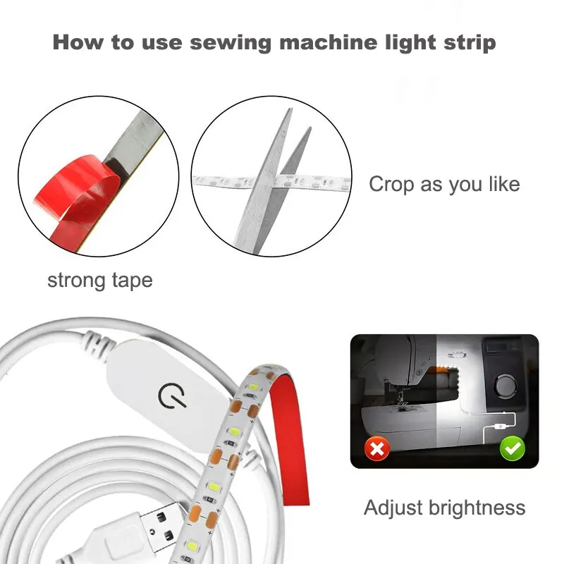 1M/2M/3M LED Sewing Machine Light Strip Waterproof SMD 2835 White USB 5V Powered With Touch Switch Lighting Strips For Cabinet