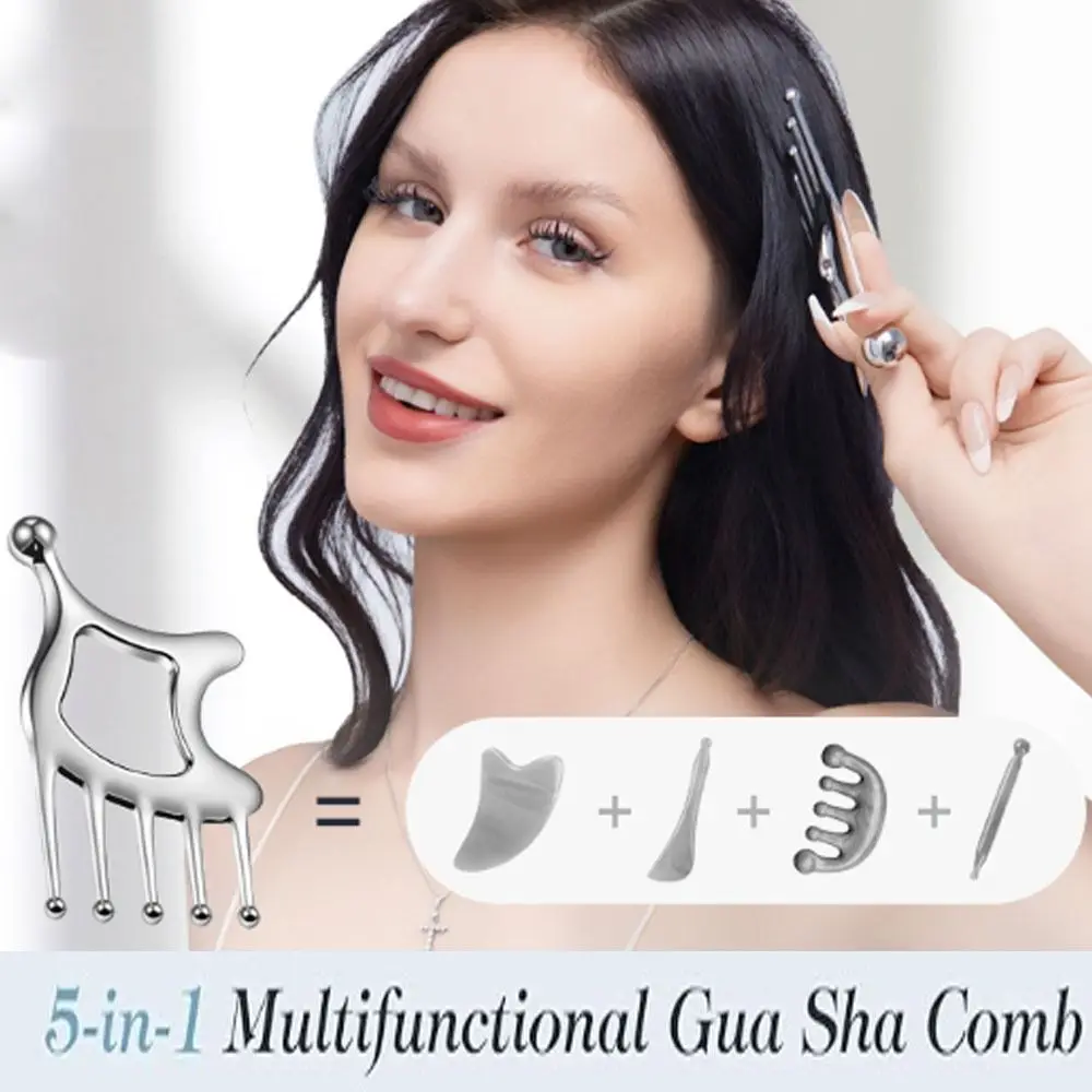 

Creative Gift with Handle Scalp Massage Comb 5 In 1 Protable Scalp Massage Tool Stainless Steel Gua Sha Facial Tool