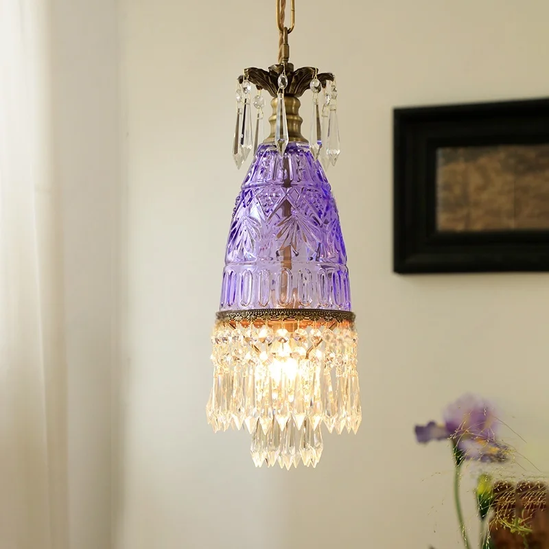 

Purple Crystal Glass Pendant Lamp Vintage Brass Indoor Decor Chandeliers for Bedroom Hallway Dining Living Room Ceiling Light